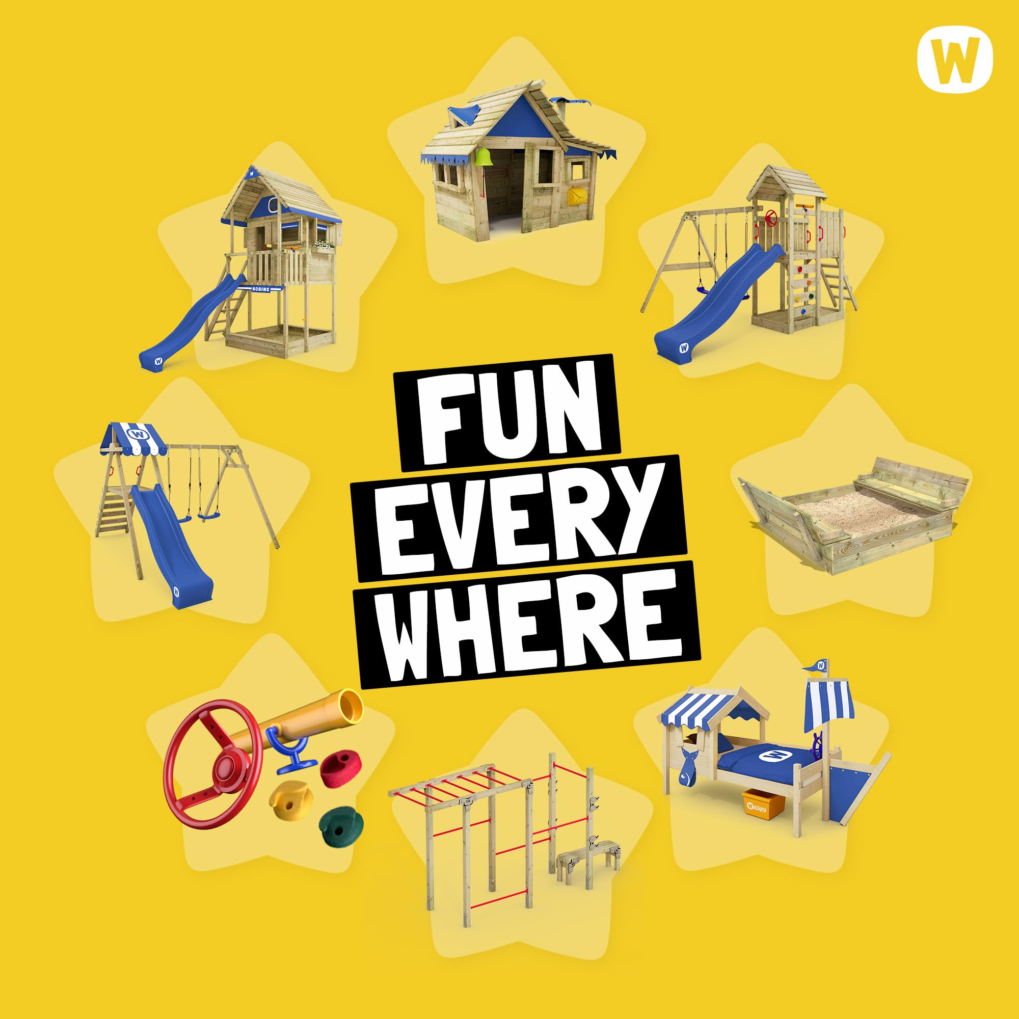 WICKEY Wooden climbing frame Smart Camp with swing set & green slide, Outdoor kids playhouse with sandpit, climbing ladder & play-accessories for the garden