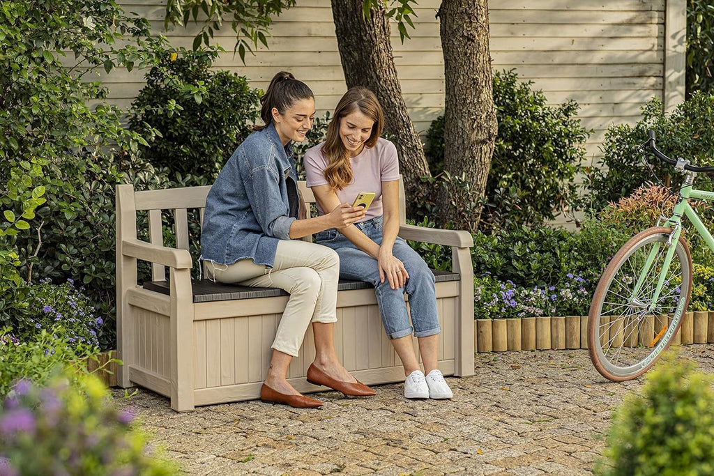 Keter Eden Bench 265L Outdoor 60% recycled Garden Furniture Storage Box Beige & Brown Wood Panel Effect
