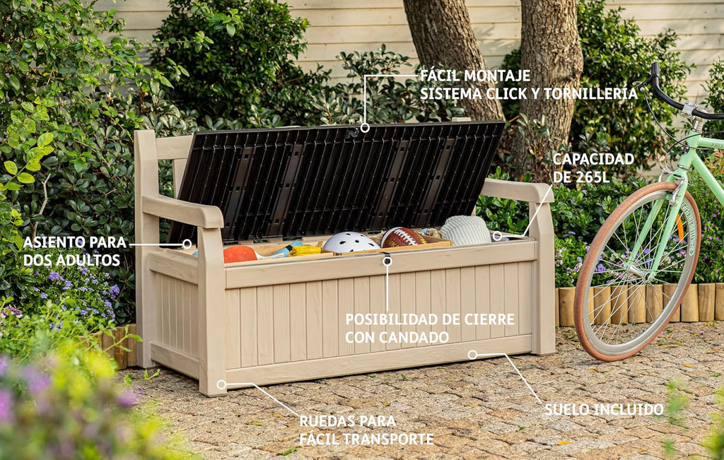 Keter Eden Bench 265L Outdoor 60% recycled Garden Furniture Storage Box Beige & Brown Wood Panel Effect