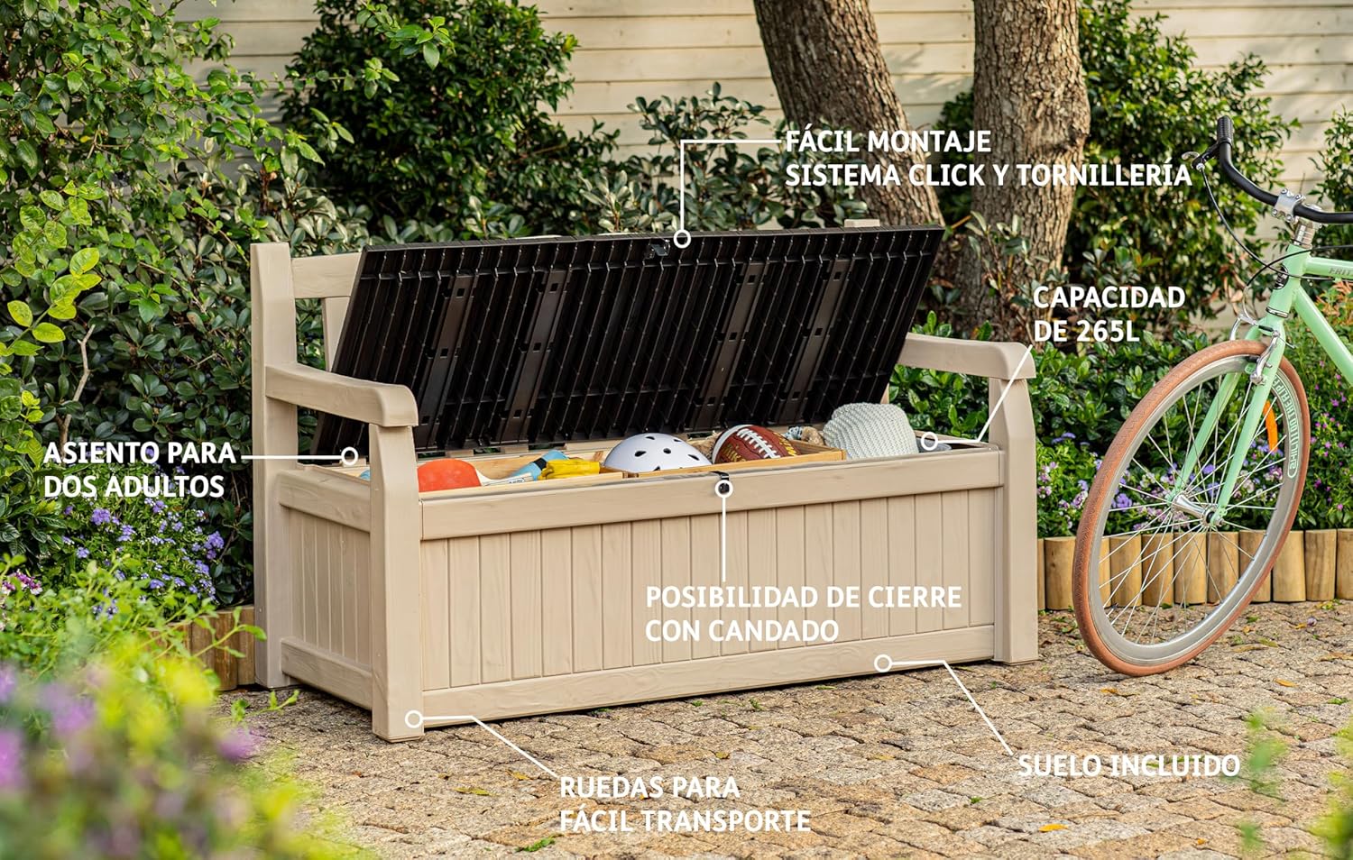 Keter Eden Bench 265L Outdoor 60% recycled Garden Furniture Storage Box Beige & Brown Wood Panel Effect