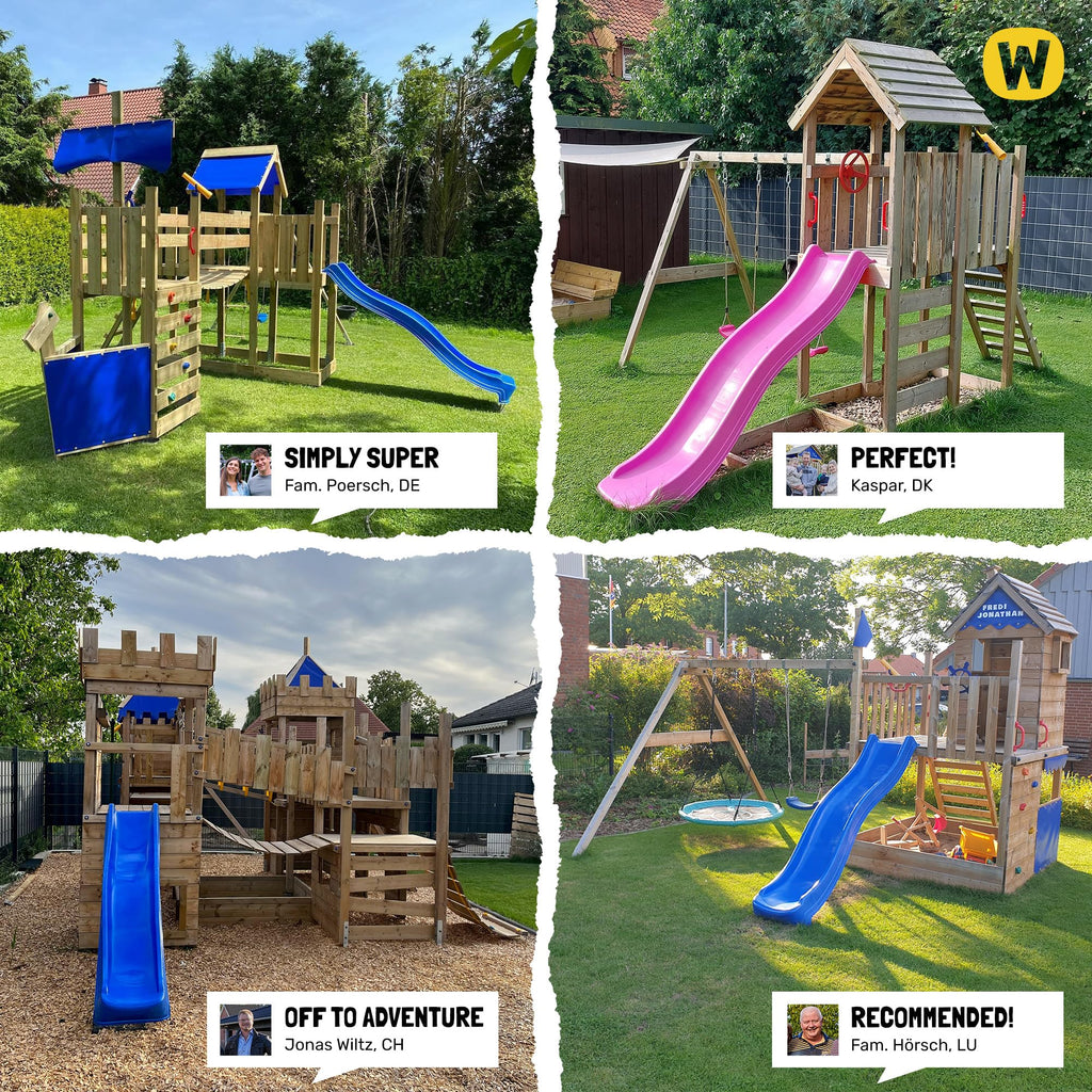 WICKEY Wooden climbing frame Smart Camp with swing set & green slide, Outdoor kids playhouse with sandpit, climbing ladder & play-accessories for the garden